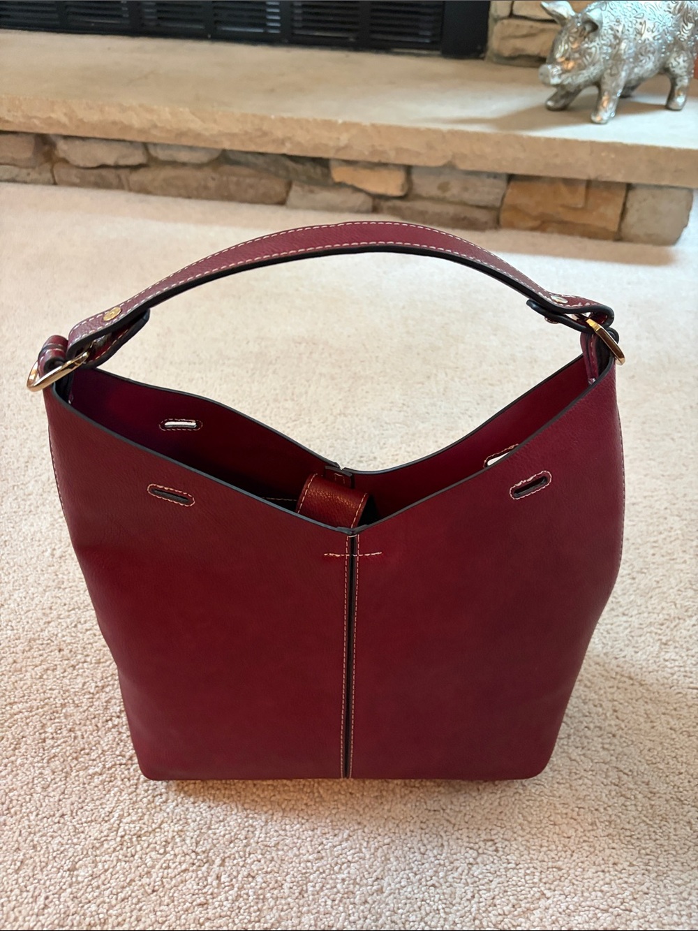 Structured Wine Red Leather Shoulder Bag with Top Handle